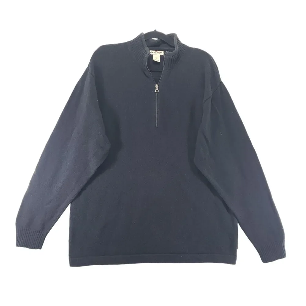 L Woolrich Men's Black Wool Cotton Blend 1/4 Zip Pullover Sweater
